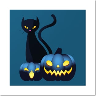 Halloween Spooky Pumpkins Black Cat and Happy Fall Season Autumn Vibes Posters and Art